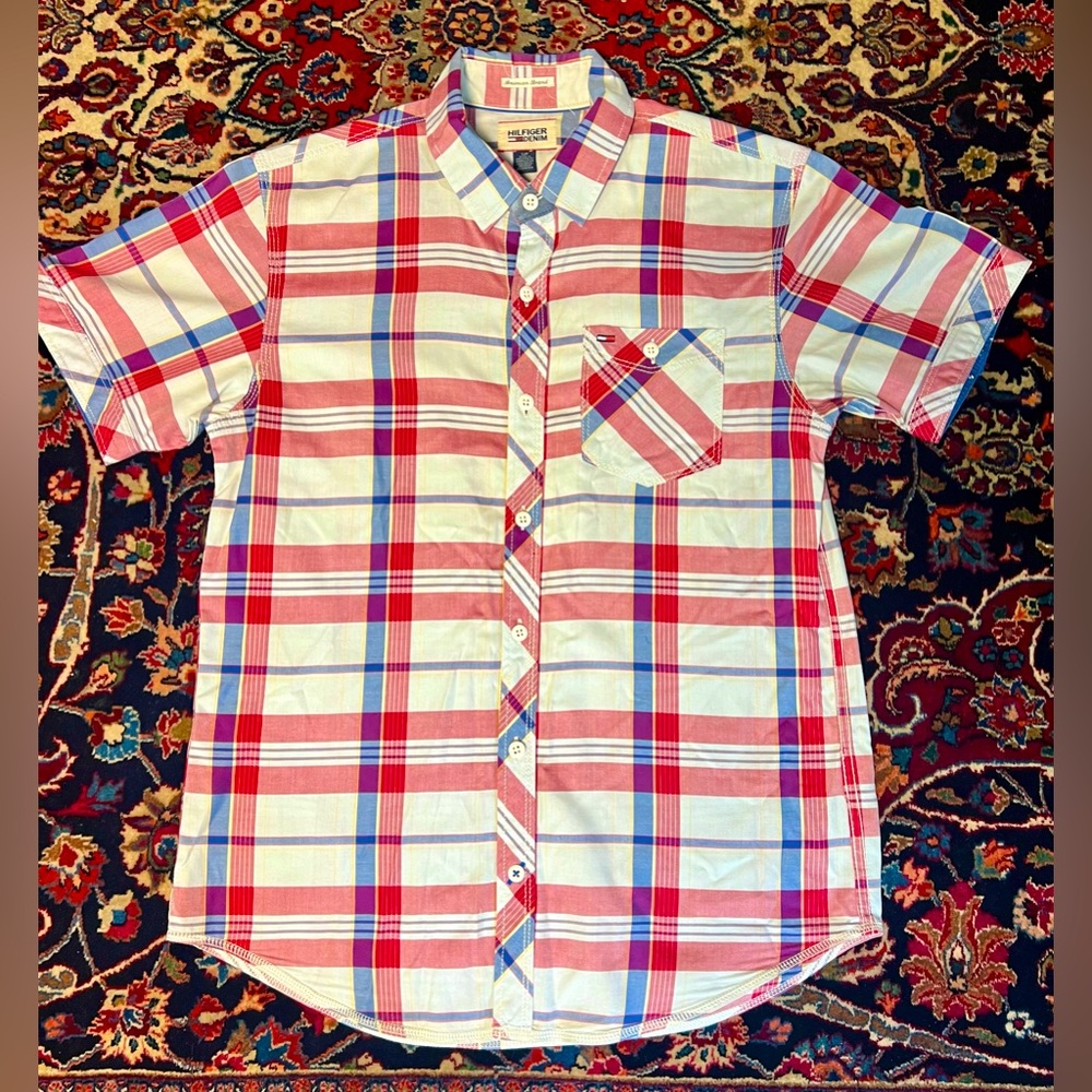 HILFIGER DENIM 💯% Red Plaid Cotton Button-Up Size S/P Collared Button
